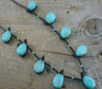 Fetish Necklace Turquoise & Jet Tortise Southwest Hand-Carved
